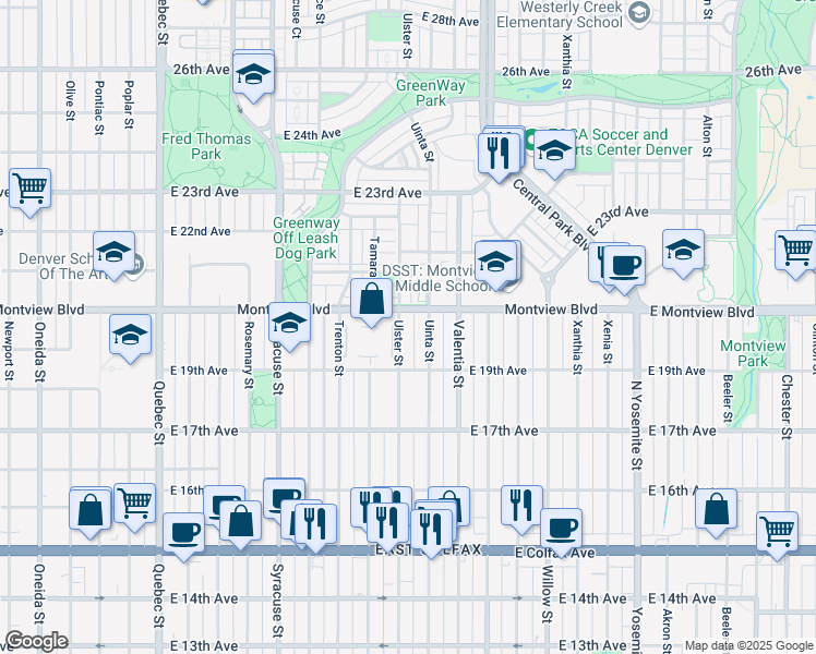 map of restaurants, bars, coffee shops, grocery stores, and more near 1970 Ulster Street in Denver