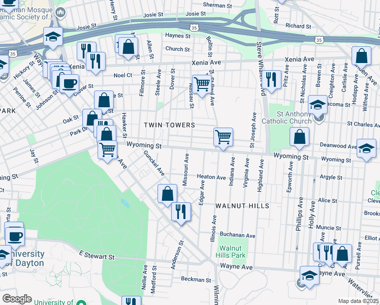 map of restaurants, bars, coffee shops, grocery stores, and more near 1104 Wyoming St in Dayton