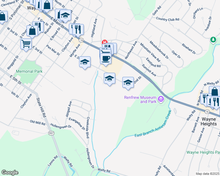 map of restaurants, bars, coffee shops, grocery stores, and more near 702 East 2nd Street in Waynesboro