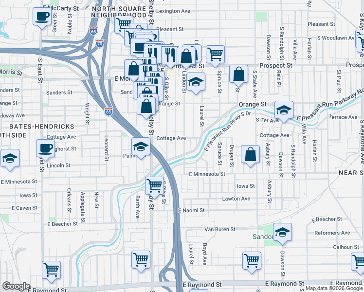 map of restaurants, bars, coffee shops, grocery stores, and more near 1522 Linden Street in Indianapolis