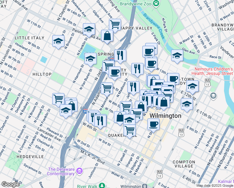 map of restaurants, bars, coffee shops, grocery stores, and more near 845 North Madison Street in Wilmington