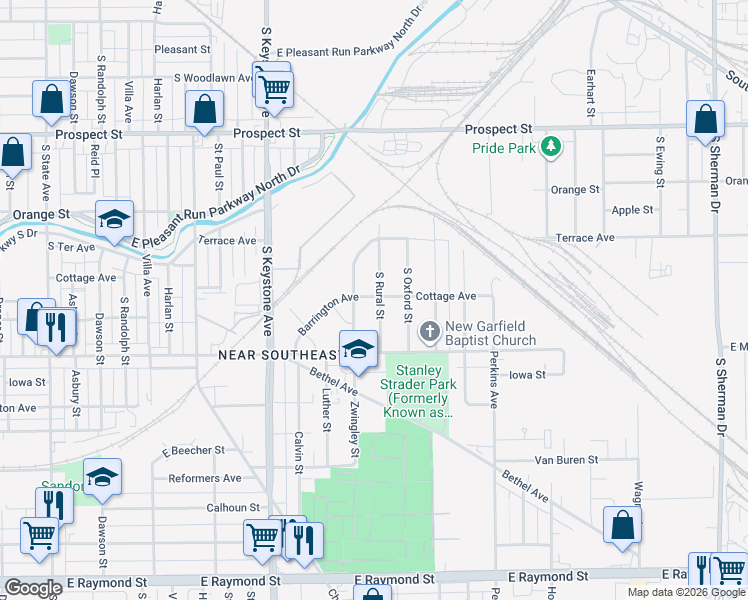 map of restaurants, bars, coffee shops, grocery stores, and more near 1500 South Rural Street in Indianapolis