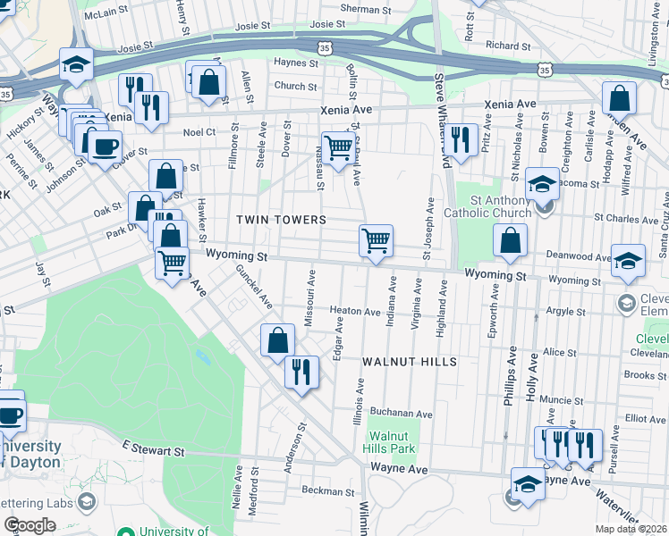 map of restaurants, bars, coffee shops, grocery stores, and more near 1208 Wyoming Street in Dayton