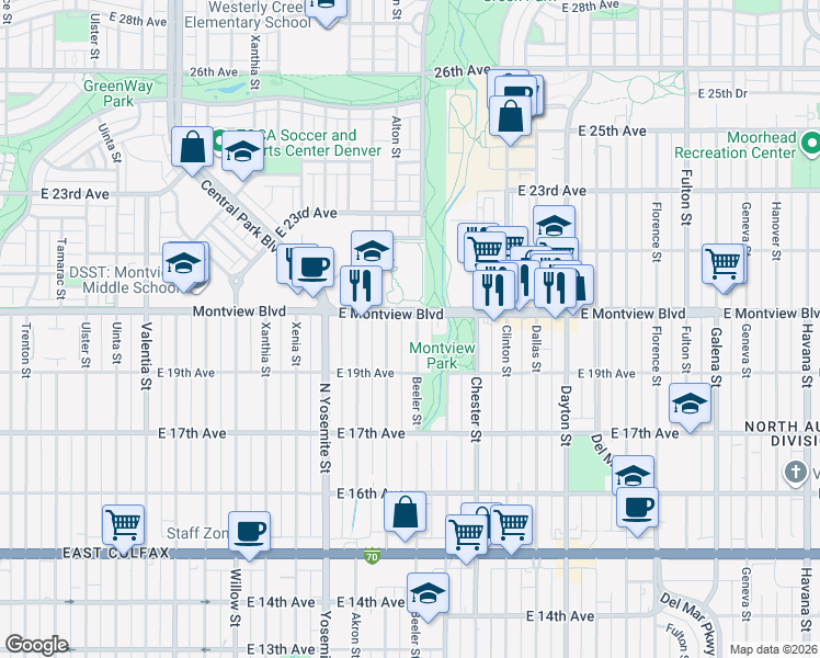 map of restaurants, bars, coffee shops, grocery stores, and more near 1979 Beeler Street in Aurora