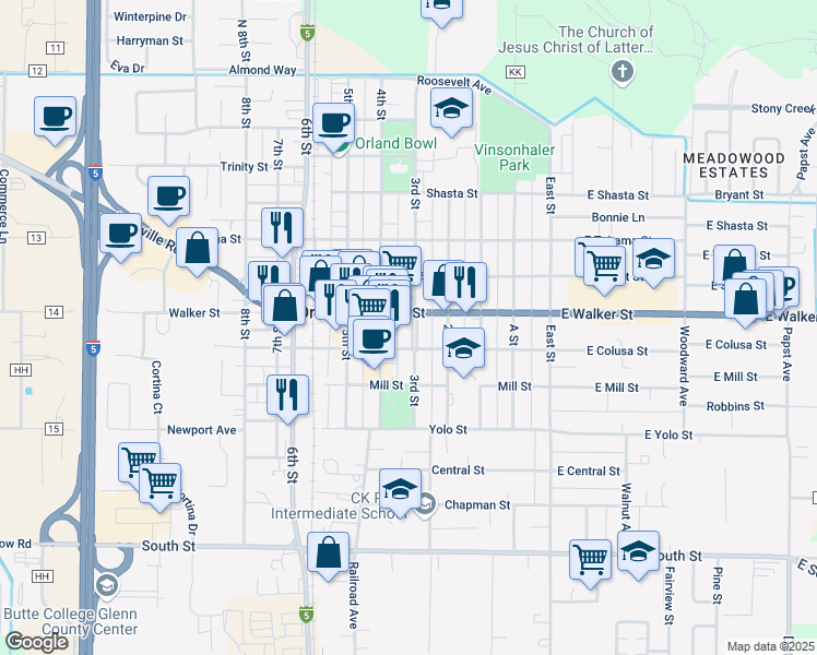 map of restaurants, bars, coffee shops, grocery stores, and more near 712 3rd Street in Orland