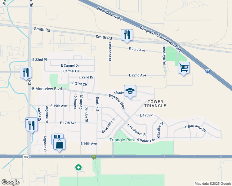 map of restaurants, bars, coffee shops, grocery stores, and more near 19563 Montview Drive in Aurora