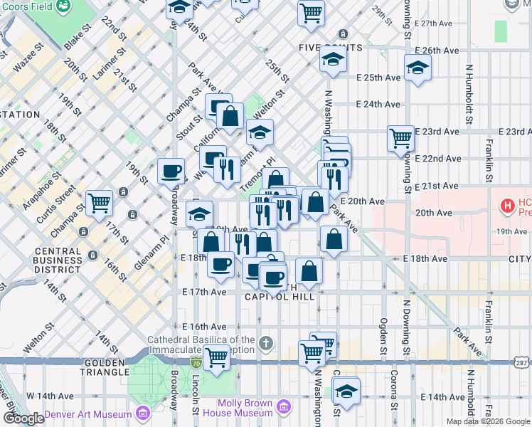map of restaurants, bars, coffee shops, grocery stores, and more near 1958 Logan Street in Denver