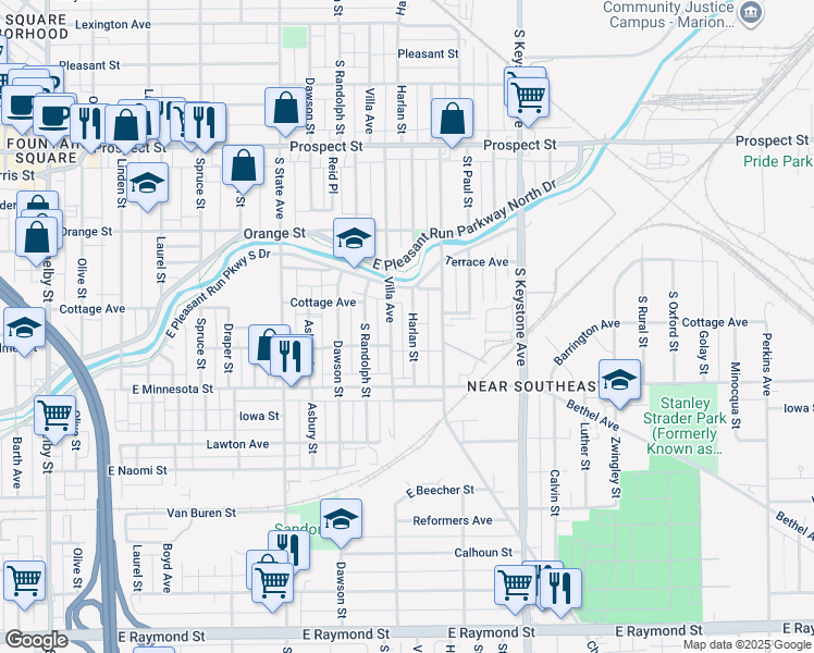 map of restaurants, bars, coffee shops, grocery stores, and more near 1542 Harlan Street in Indianapolis