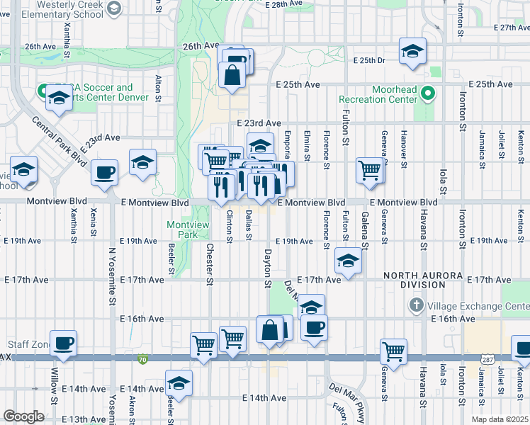 map of restaurants, bars, coffee shops, grocery stores, and more near 1971 Dayton Street in Aurora