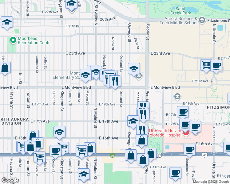 map of restaurants, bars, coffee shops, grocery stores, and more near 1982 Nome Street in Aurora