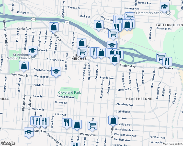 map of restaurants, bars, coffee shops, grocery stores, and more near 1448 John Glenn Rd in Dayton
