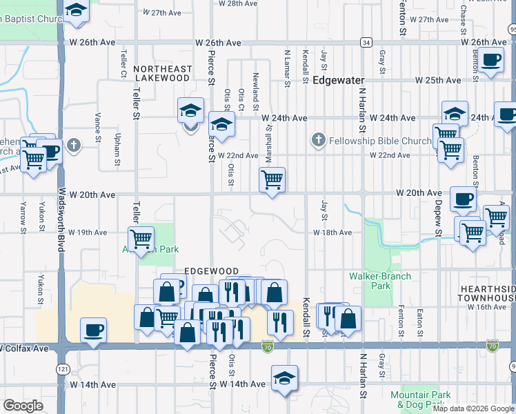 map of restaurants, bars, coffee shops, grocery stores, and more near 1936 Newland Court in Lakewood