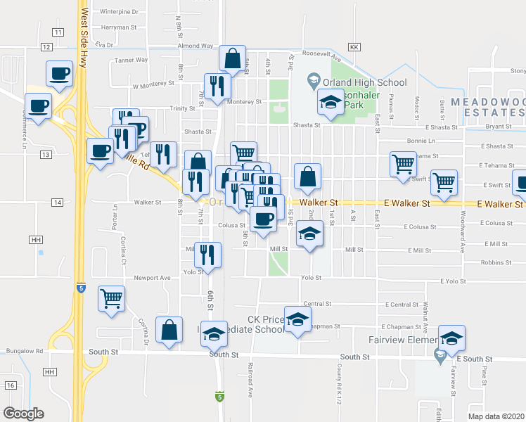 map of restaurants, bars, coffee shops, grocery stores, and more near 712 4th Street in Orland