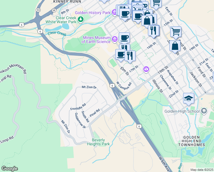 map of restaurants, bars, coffee shops, grocery stores, and more near Parfet Estates Drive in Golden