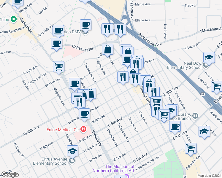 map of restaurants, bars, coffee shops, grocery stores, and more near 1749 Spruce Avenue in Chico