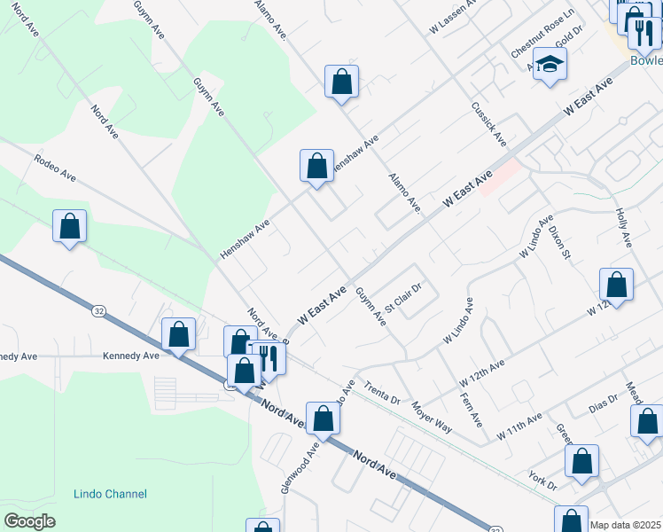 map of restaurants, bars, coffee shops, grocery stores, and more near 1000 Frances Drive in Chico