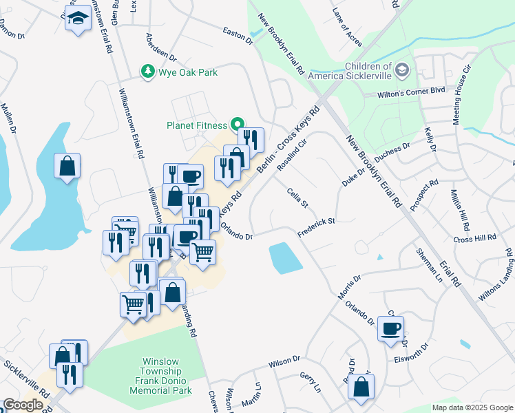map of restaurants, bars, coffee shops, grocery stores, and more near 75 Rosalind Circle in Sicklerville