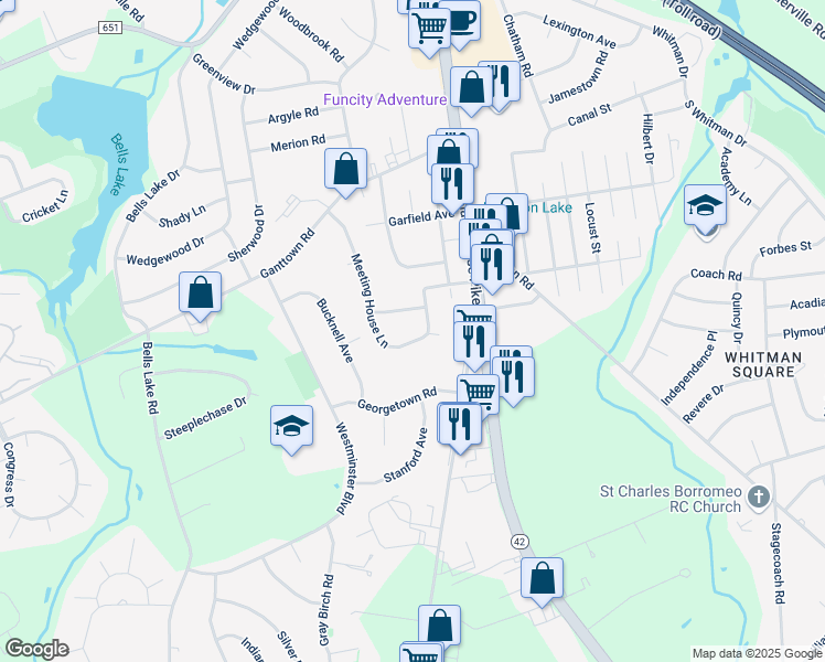 map of restaurants, bars, coffee shops, grocery stores, and more near 57 Meeting House Lane in Washington Township