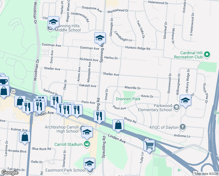 map of restaurants, bars, coffee shops, grocery stores, and more near 5558 Mayville Drive in Dayton