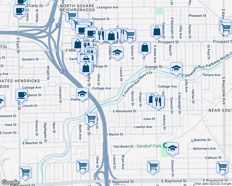 map of restaurants, bars, coffee shops, grocery stores, and more near 1522 Laurel Street in Indianapolis