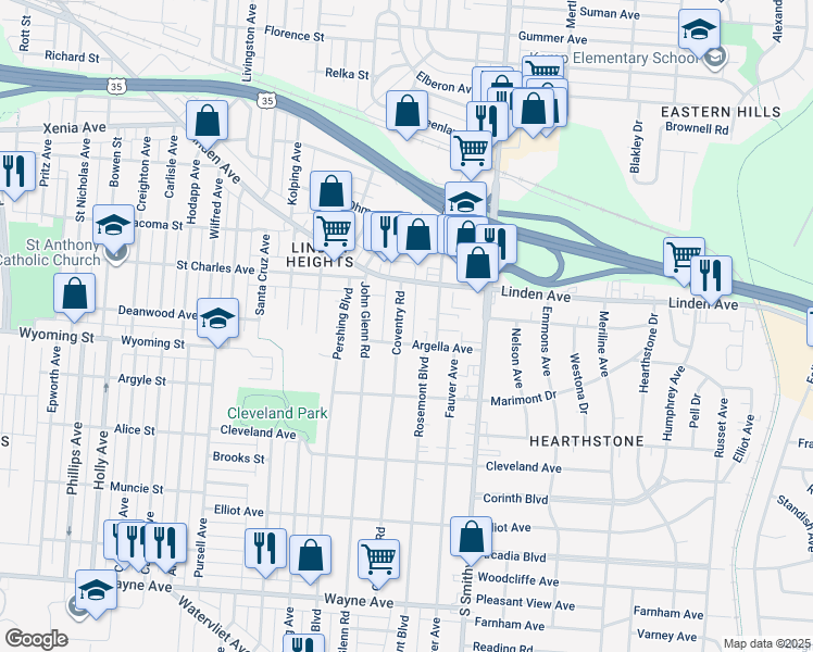 map of restaurants, bars, coffee shops, grocery stores, and more near 1442 Coventry Road in Dayton