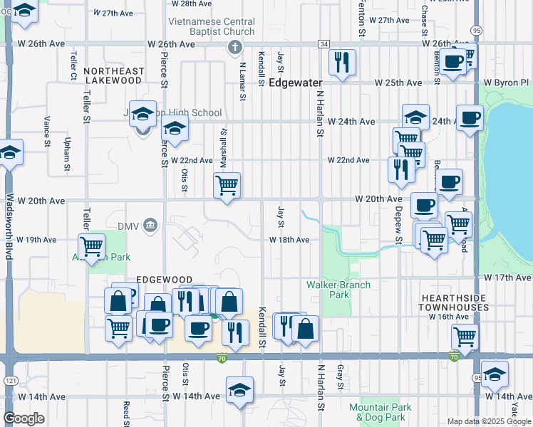 map of restaurants, bars, coffee shops, grocery stores, and more near 1960 Kendall Street in Lakewood