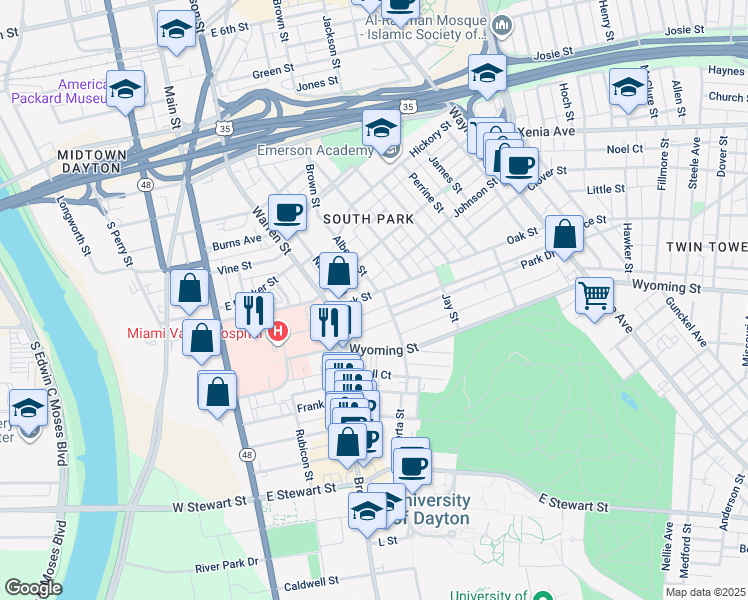 map of restaurants, bars, coffee shops, grocery stores, and more near 250 Oak Street in Dayton