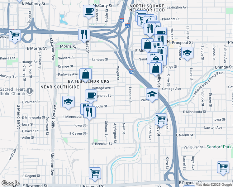 map of restaurants, bars, coffee shops, grocery stores, and more near 806 Weghorst Street in Indianapolis