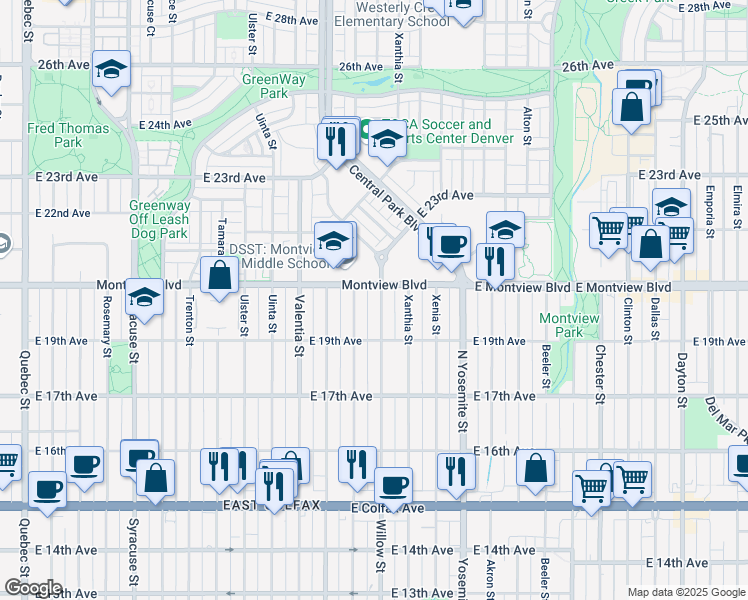 map of restaurants, bars, coffee shops, grocery stores, and more near 1972 Wabash Street in Denver