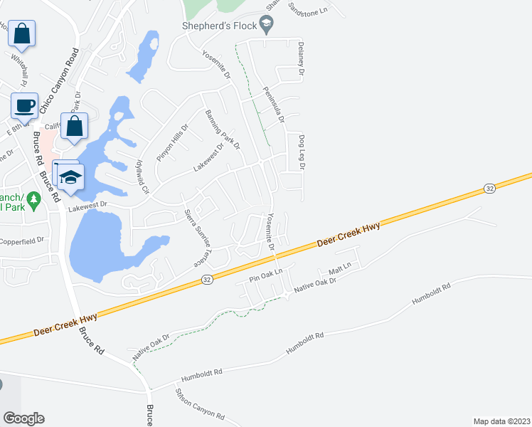 map of restaurants, bars, coffee shops, grocery stores, and more near 97 Benson Terrace in Chico