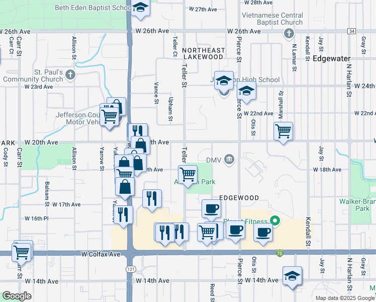 map of restaurants, bars, coffee shops, grocery stores, and more near 1956 Teller Street in Lakewood
