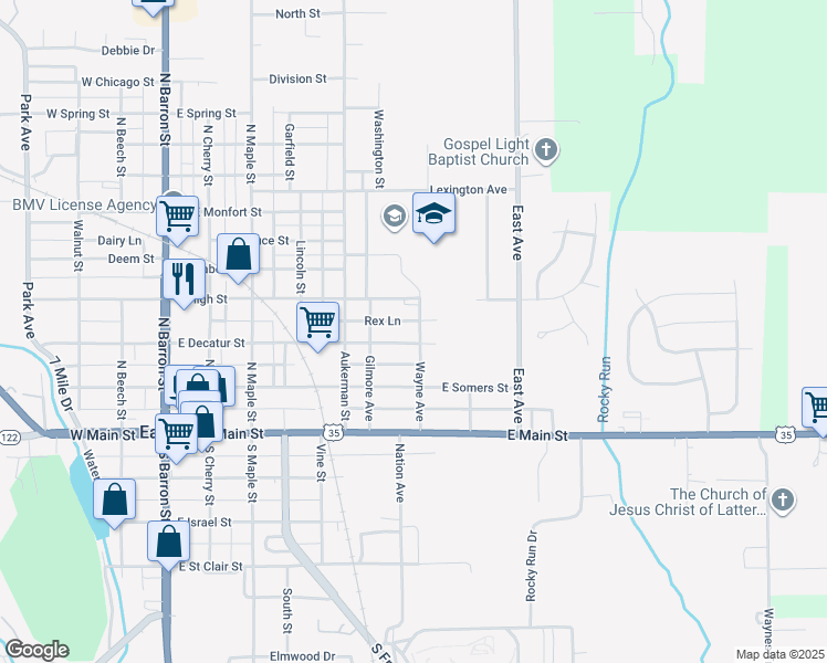 map of restaurants, bars, coffee shops, grocery stores, and more near 303 Wayne Ave in Eaton