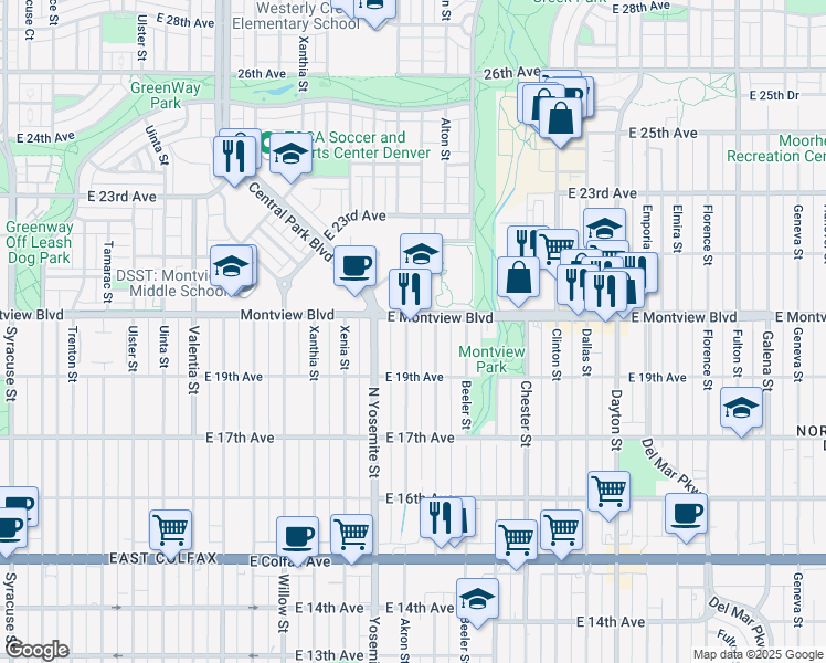 map of restaurants, bars, coffee shops, grocery stores, and more near 1984 Akron Street in Aurora