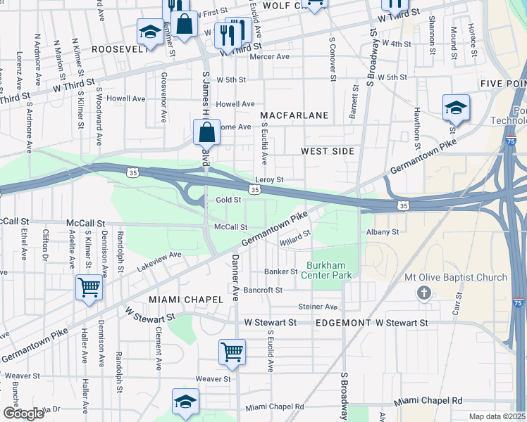 map of restaurants, bars, coffee shops, grocery stores, and more near 719 South Euclid Avenue in Dayton