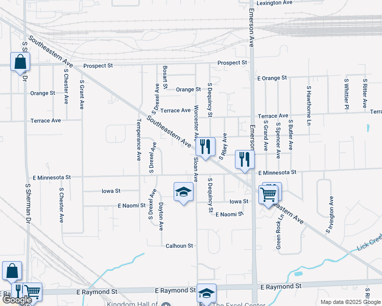 map of restaurants, bars, coffee shops, grocery stores, and more near 4765 Southeastern Avenue in Indianapolis
