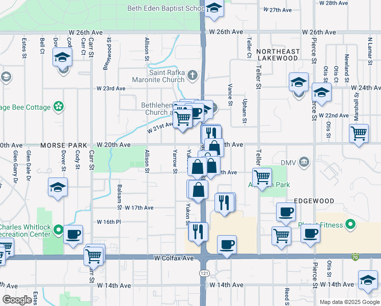 map of restaurants, bars, coffee shops, grocery stores, and more near 1940 Yukon Street in Lakewood