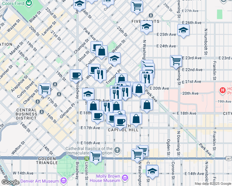 map of restaurants, bars, coffee shops, grocery stores, and more near 1950 Logan Street in Denver