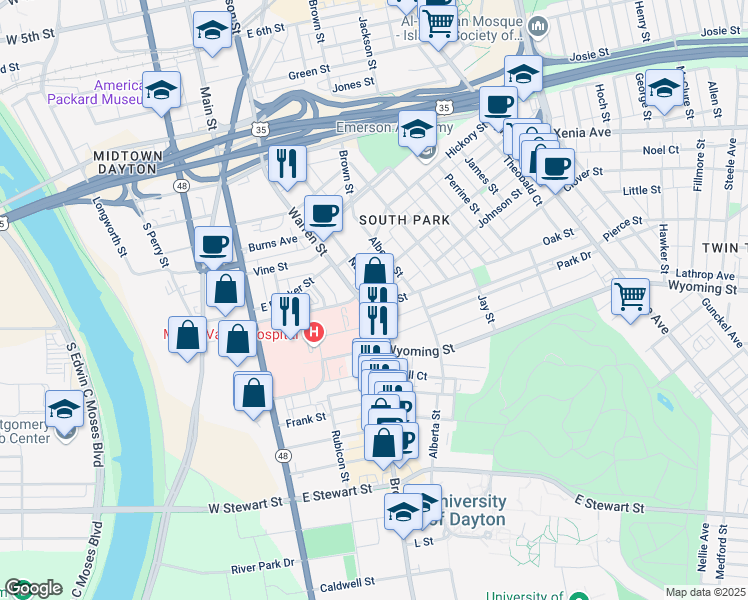 map of restaurants, bars, coffee shops, grocery stores, and more near 852 Brown Street in Dayton