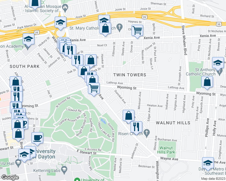 map of restaurants, bars, coffee shops, grocery stores, and more near 13 Gunckel Avenue in Dayton