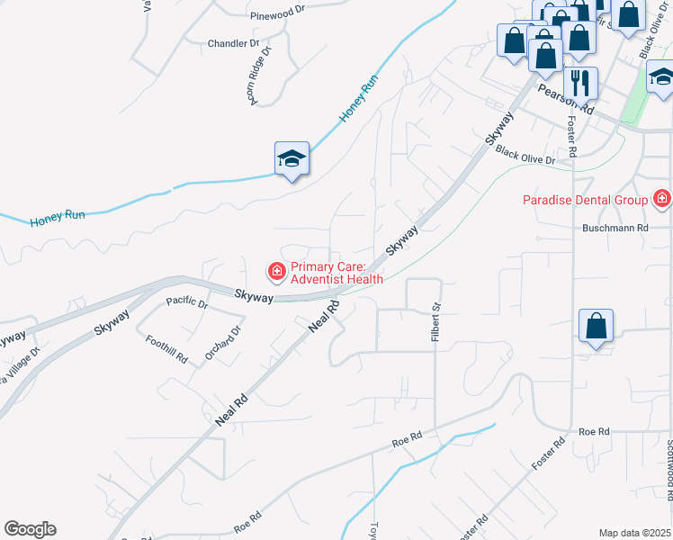 map of restaurants, bars, coffee shops, grocery stores, and more near 5500 Schmale Lane in Paradise