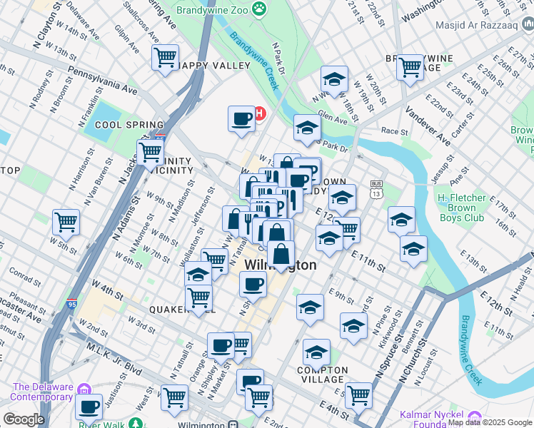 map of restaurants, bars, coffee shops, grocery stores, and more near 1007 North Orange Street in Wilmington