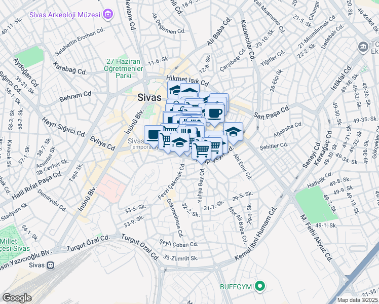 map of restaurants, bars, coffee shops, grocery stores, and more near 23 A Fevzi Çakmak Caddesi in Sivas Merkez