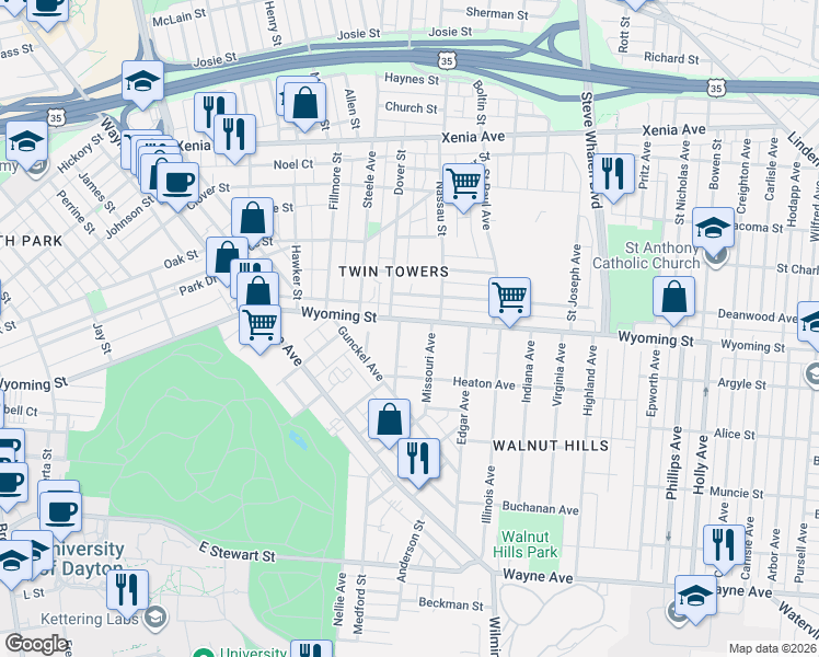 map of restaurants, bars, coffee shops, grocery stores, and more near 930 Wyoming Street in Dayton