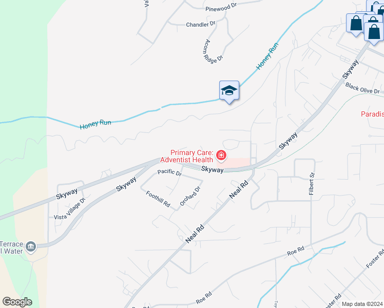 map of restaurants, bars, coffee shops, grocery stores, and more near 5511 Longview Drive in Paradise