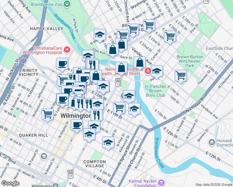 map of restaurants, bars, coffee shops, grocery stores, and more near 307 East 13th Street in Wilmington