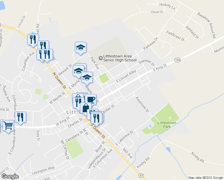 map of restaurants, bars, coffee shops, grocery stores, and more near 204 East King Street in Littlestown