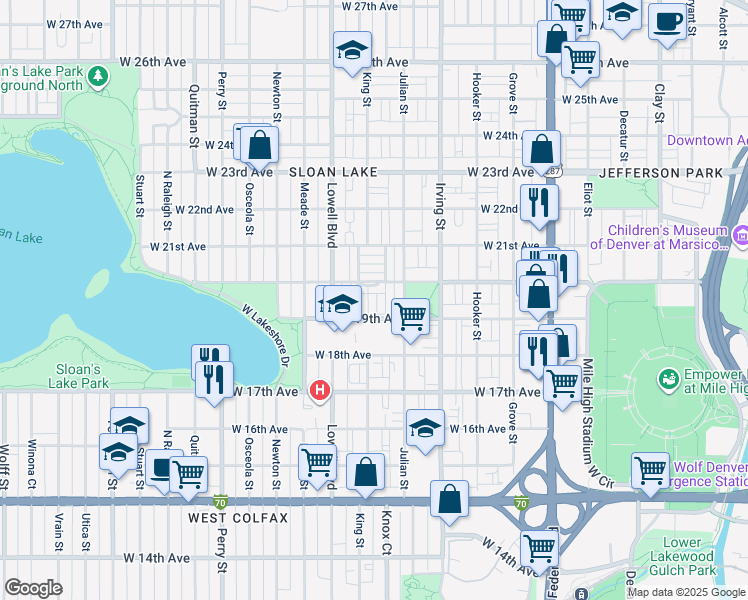 map of restaurants, bars, coffee shops, grocery stores, and more near 1944 King Street in Denver