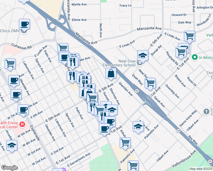 map of restaurants, bars, coffee shops, grocery stores, and more near 764 East 5th Avenue in Chico