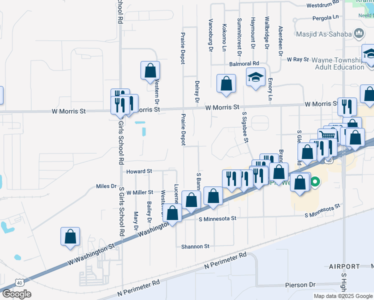 map of restaurants, bars, coffee shops, grocery stores, and more near 6951 Dunn Way in Indianapolis