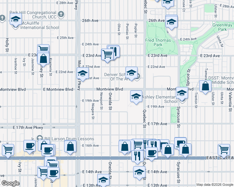 map of restaurants, bars, coffee shops, grocery stores, and more near 1939 Olive Street in Denver